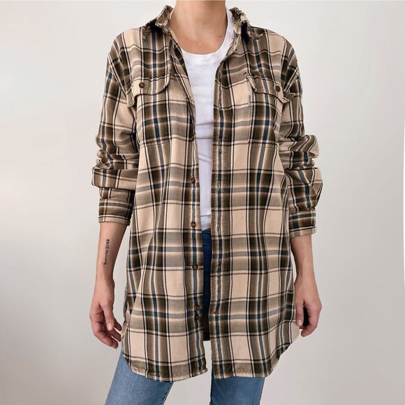 Carhartt Tartan Plaid Button Down Shirt Size XL Tall Work Brown Beige Tan Cotton - Picture 4 of 12